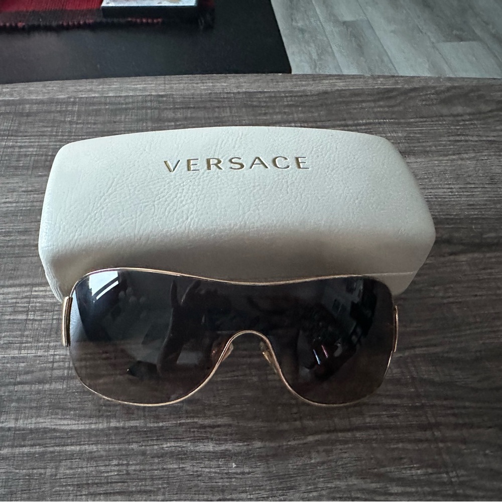 Versace Oversized Shield Sunglasses in Black with Gold Trim
